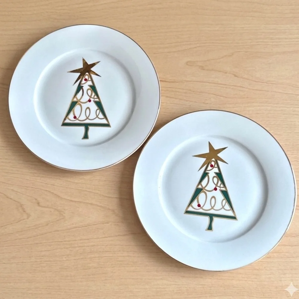 Pier 1 Christmas Tree Salad Dessert Appetizer Plates Set of 4 Gold Trim 7.5in